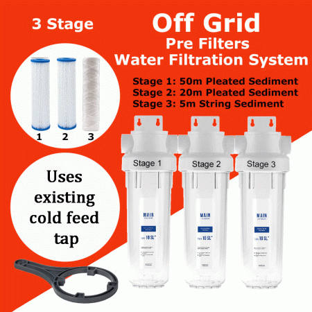 Off Grid Triple Water Sediment Filter & Housing Set Off Grid Triple Water Sediment Filter & Housing Set