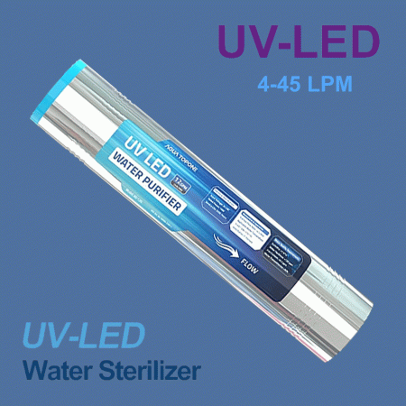 UVC-LED upto 46LPM Ultra Violet (UV) Water Treatment Systems E-Coli, Bacteria & Coliforms AGLED-12G high-flow UVC LED water steriliser. 45 LPM / 12 GPM, 24V DC